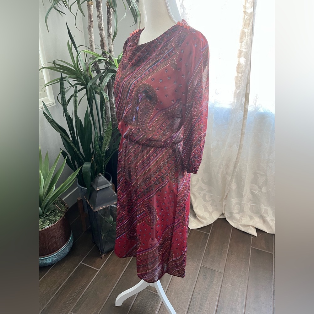 Vintage 70s sheer boho paisley dress with button detail cinched three quarter - Picture 7 of 16